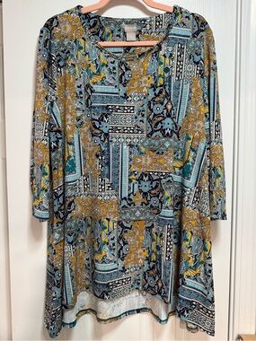 Chico's Multicolor Patchwork Print Tunic - Teal, Mustard, Black